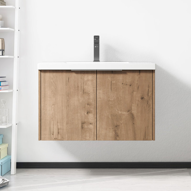 Meuble-lavabo moderne de 30 pouces avec lavabo en résine - tablette ouverte, portes à fermeture douce, spacieux, imitation chêne flottant, contreplaqué, moderne, rangement spacieux