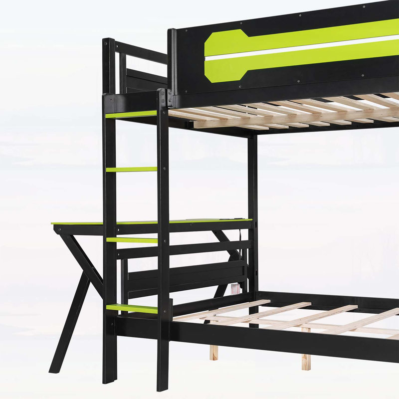 Lit superposé double avec deux bureaux de jeu intégrés, ports de charge USB et organisateur de panneau perforé pour une configuration de jeu efficace