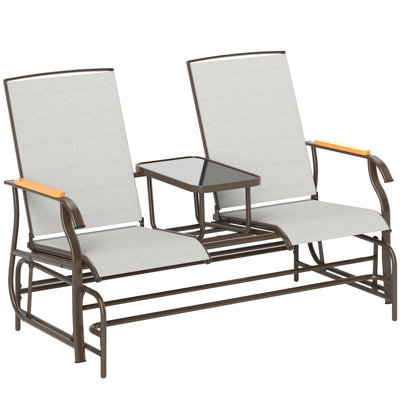 2 Person Outdoor Glider Bench, Patio Swing Glider Chair Loveseat with Breathable Mesh, Table, Steel Frame for Garden, Backyard, Porch