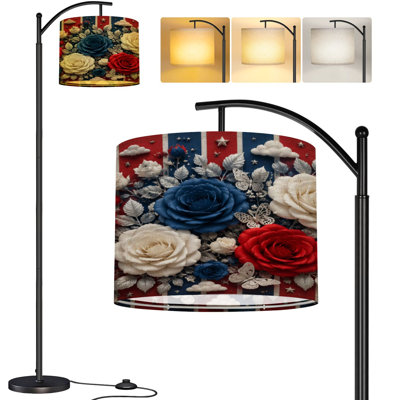  Arc Floor Lamp Patriotic Red White Blue Rose Floral Arrangement Butterflies Silver Tall Modern Standing Lamp LED Adjustable Linen Lampshade 3 Color Temperatures
