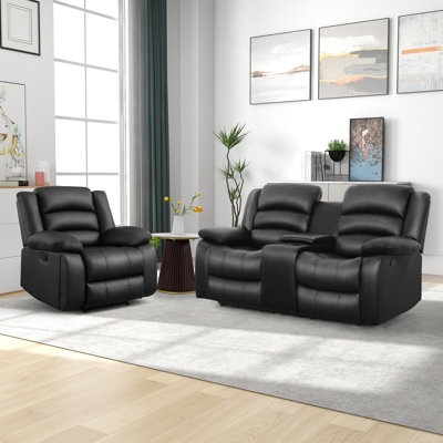 Cheatom 2-Piece Classic Soft Faux Leather Manual Recliner Living Room Set With Hidden Cup Holders
