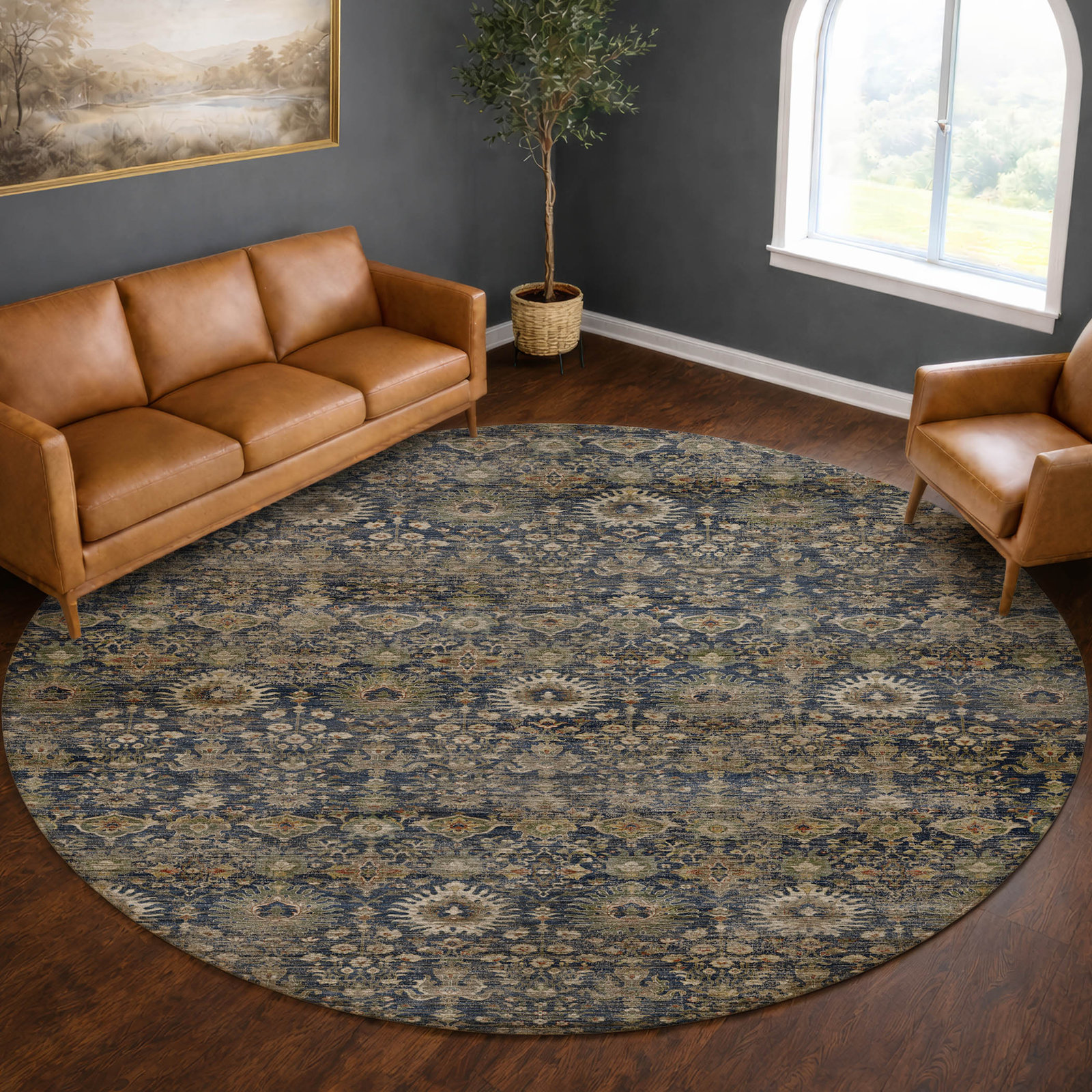 Premium Machine Washable Tirico Traditional Rug, Navy, 8' Round