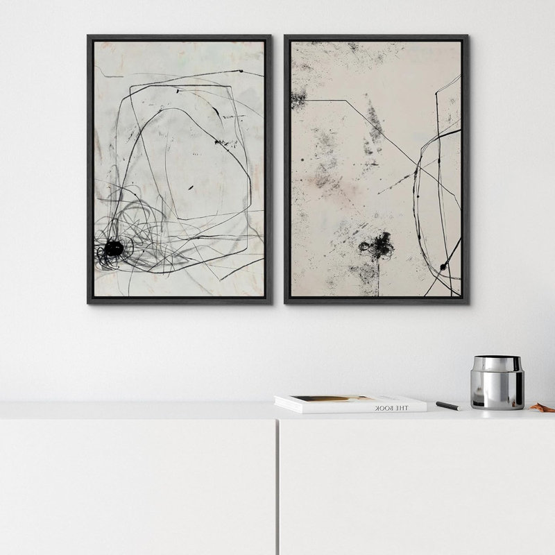 Geometric Line " Black Gray Paint Strokes Abstract Print Modern Wall Art Minimalist Neutral Decor " 2 - Pieces