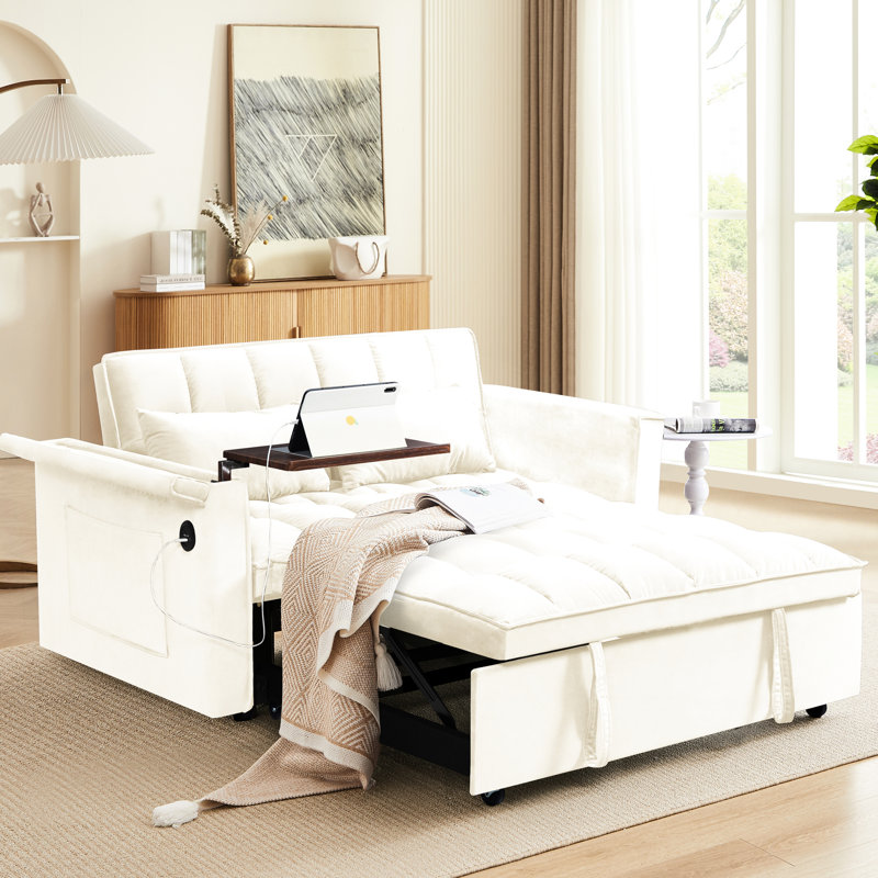 Lit moderne en velours pliable, 31 avec table d'appoint réglable, sac de rangement, coussin, beige pour le dos de la maison, le salon et la chambre à coucher