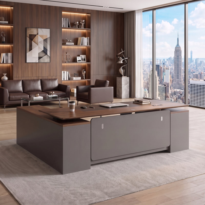 Bureau assis-debout de direction de luxe en forme de L avec caisson de rangement, réglable en hauteur électrique, avec prises électriques, ports USB, étagères de rangement et tiroir verrouillable, finition noyer/noir.
