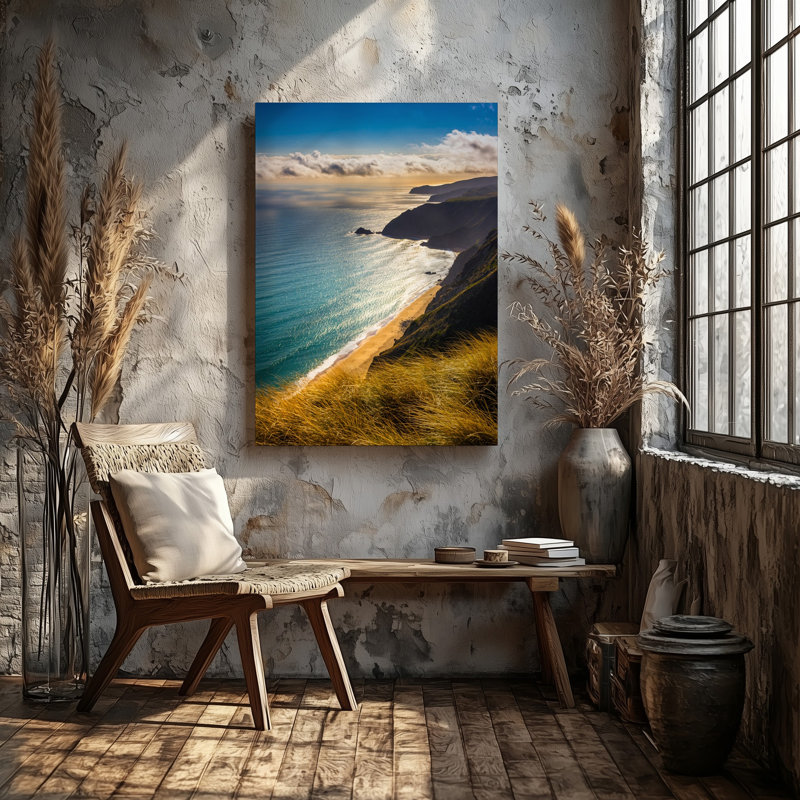 Toile, "Un paysage côtier à couper le souffle capturé à partir d'un point de vue élevé", présentant une vue imprenable sur une plage de sable