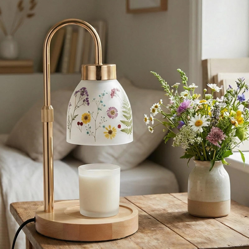 Pressed Flower Candle Warmer Lamp With Timer, Dimmable Adjustable Height Vintage Boho Flower, Candle Wax Lamp Housewarming Gifts, (Flower)