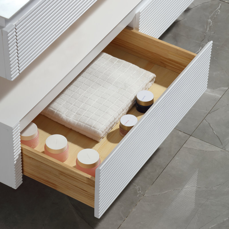 60'' Modern Solid Oak Floating Bathroom Vanity With Artificial Stone Countertop And LED Night Light, White