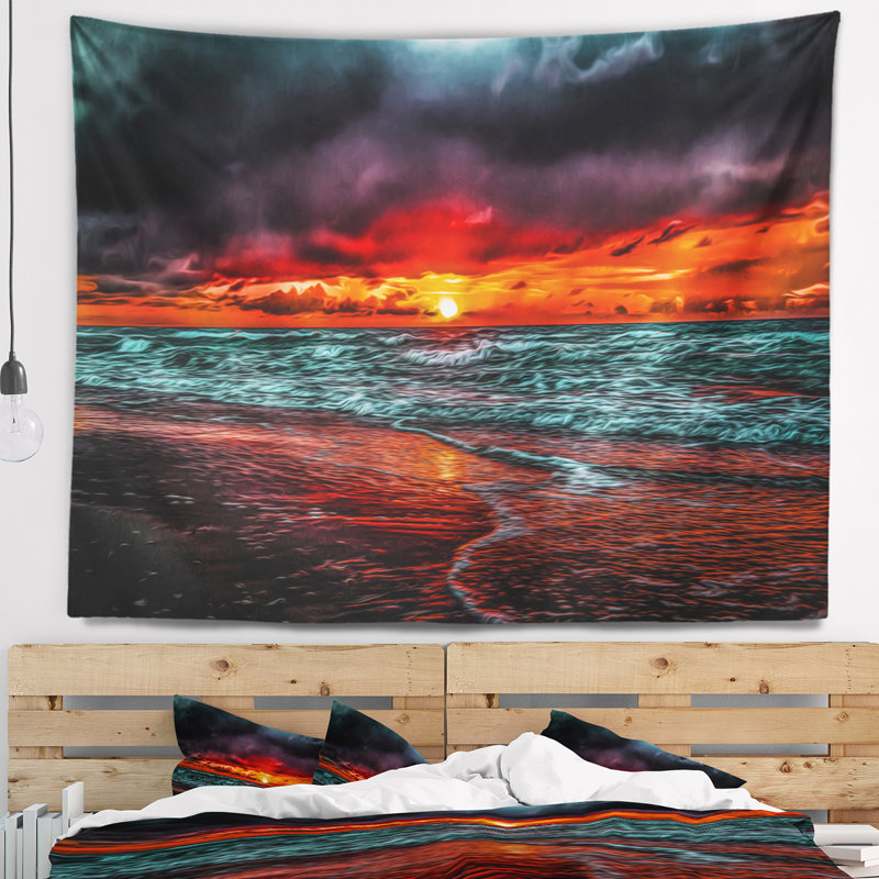 Tapisserie rouge coucher de soleil sur les eaux bleues, H 68 po x l 80 po