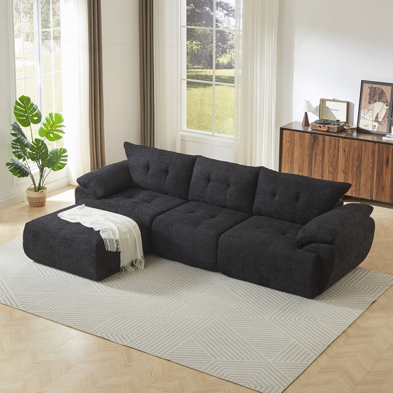 Grand canapé moderne 3 places, dossier rembourré, Black Fabric