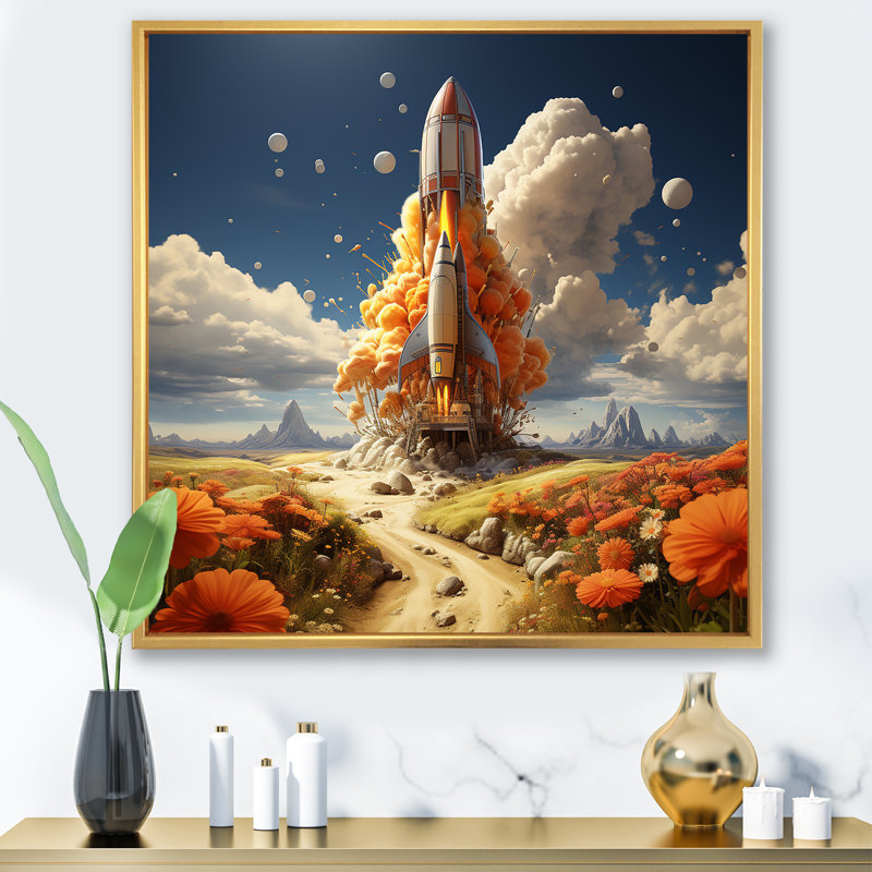 Rocketship Take Off II - Art mural Rocketship, Cadre flottant doré, H 36 po x l 36 po x P 1,5 po