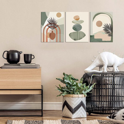 Boho Art Wall-Decor - Toile verte pour chambre à coucher - 3 pièces d'art mural tendues et encadrées, prêtes à être accrochées, format 16 po x 12 po