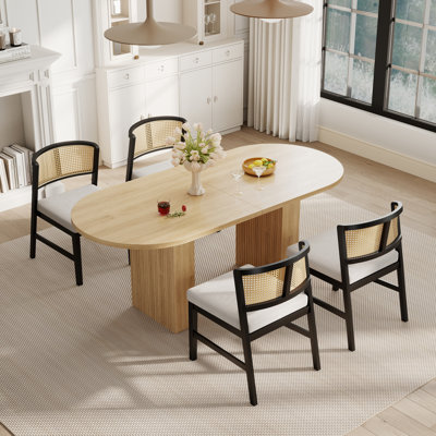Ensemble de table ovale Modern Farmhouse et chaises en rotin 4/6, plateau en marbre blanc / chêne / noyer et structure en noyer, ensemble de table pour la salle à manger et la cuisine