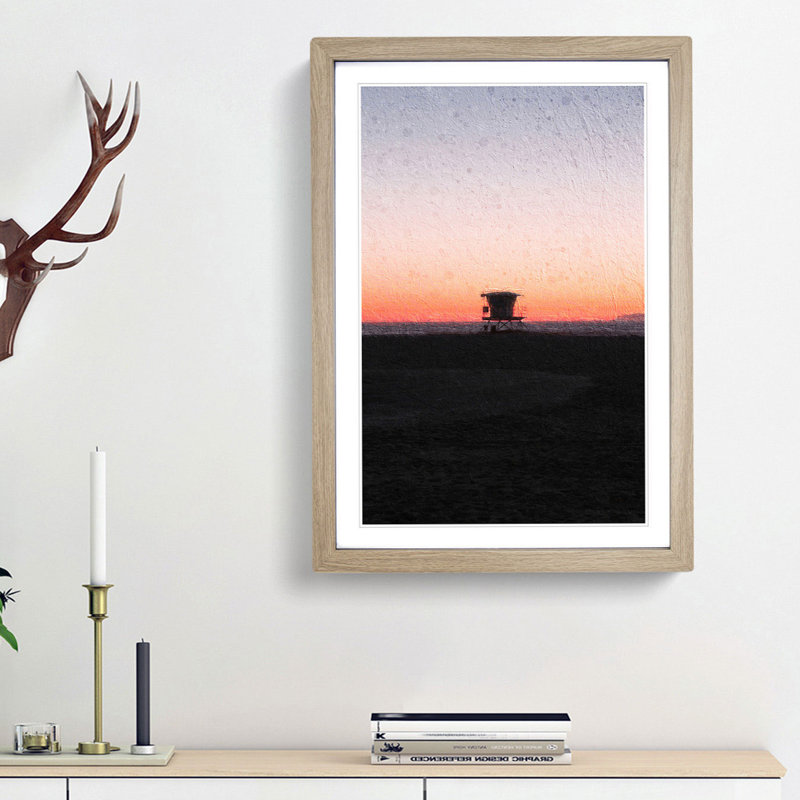 Lifeguard Station on Huntington Beach - Picture Frame Painting Print, Oak Framed, 36cm H x 27cm W x 2cm D