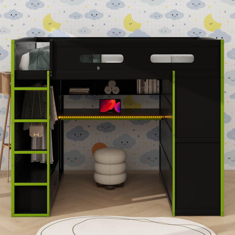 Lit mezzanine en bois pleine grandeur équipé d'un bureau, d'une armoire, d'une capacité de rangement généreuse et d'un éclairage à DEL RVB