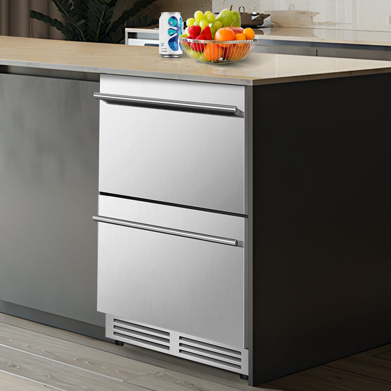 24" Beverage Refrigerator Double Drawer 180 Cans Built-In Stainless Steel Beer Cooler Fridge with Silent Slide 2 Compartment Organizer