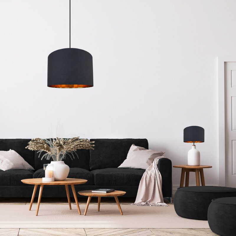 Contemporary Cotton Lamp/Light Shade with Shiny Paper Inner, Black, 20cm H x 30cm W x  30cm D