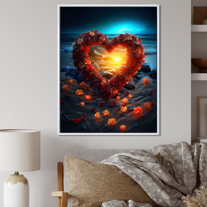 «Metta Vibrant Red Flower Heart Noctural Beach», reproduction sur toile, H 32 po x l 24 po, Cadre flottant blanc