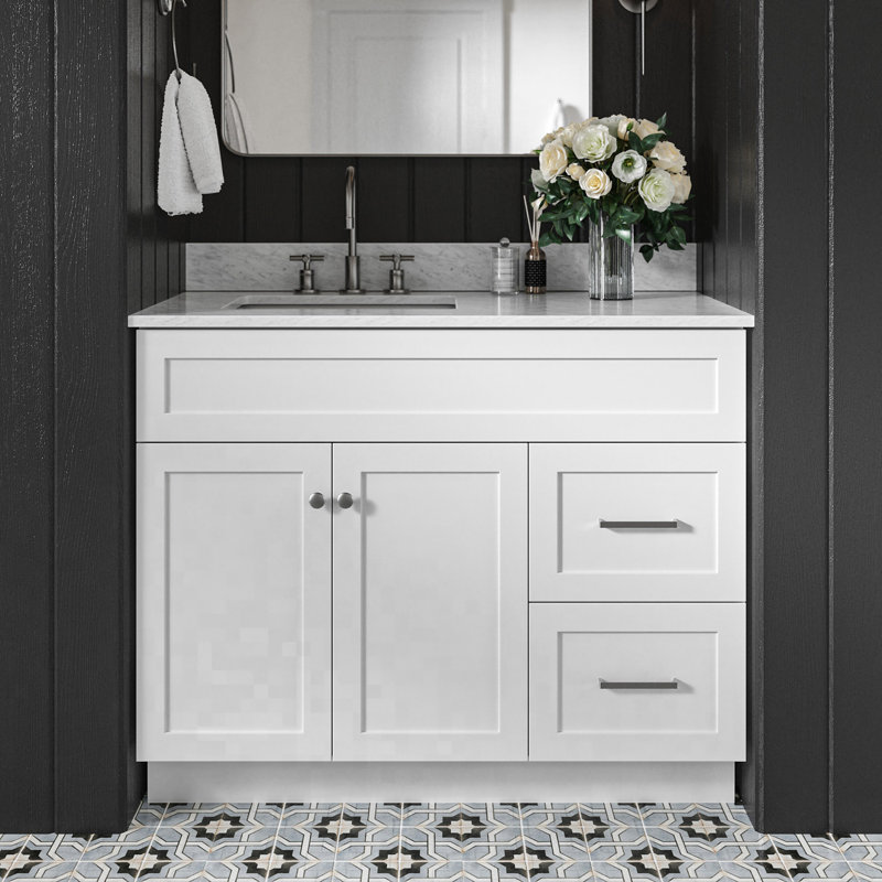 Partham 43'' Single Bathroom Vanity with Carrara Marble Top, White