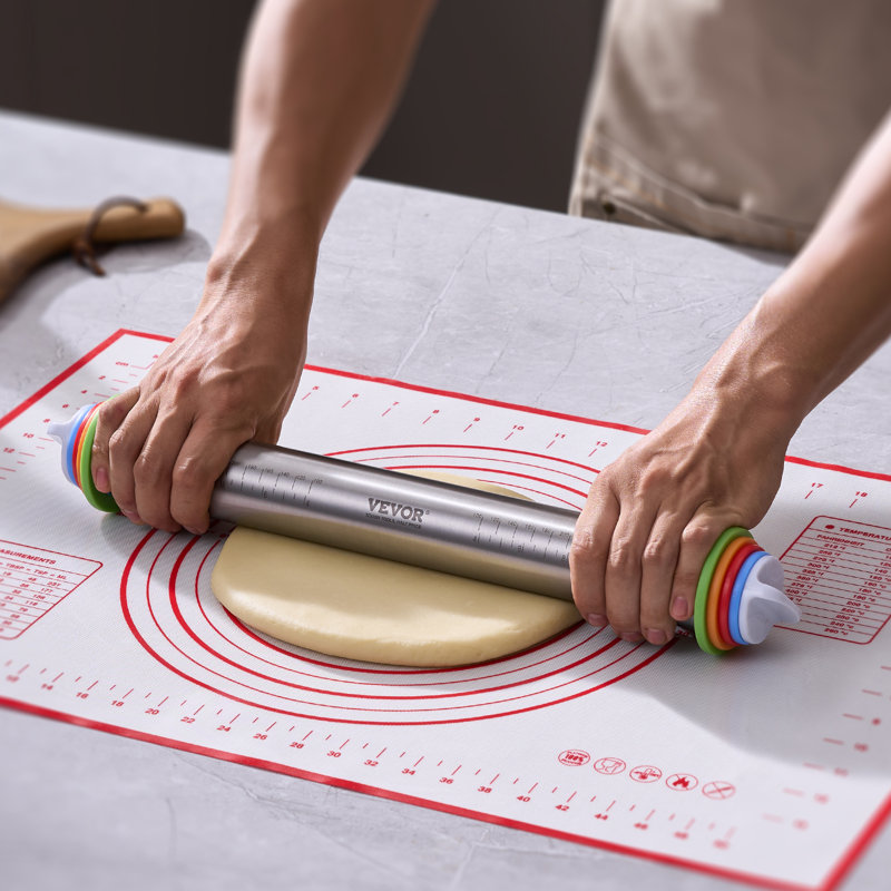 Rouleau à pâtisserie réglable en acier inoxydable avec anneaux d'épaisseur et tapis de cuisson