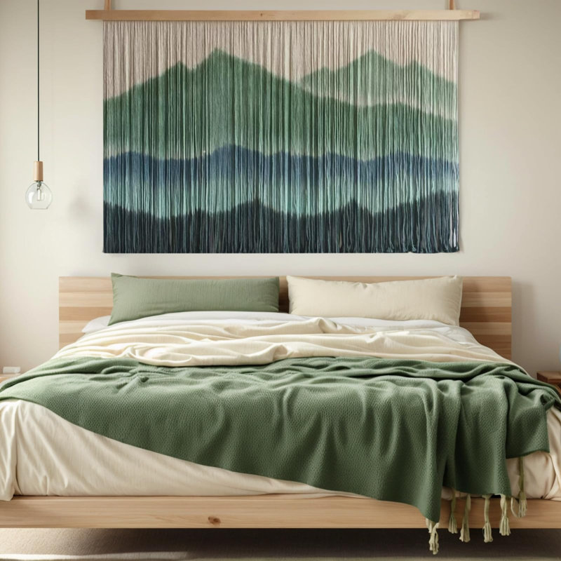 Woven Boho Macrame Wall Hanging Home Decor Tapestry Dip-Dyed Large Modern Handmade Colorful Mountain Landspace For Living Room (Green)