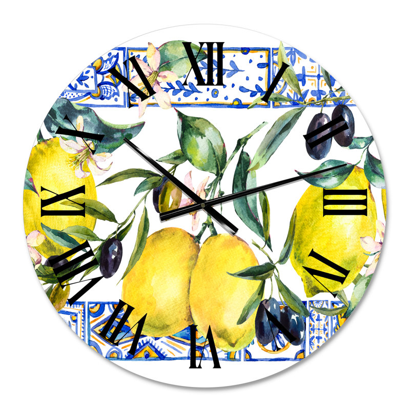 Horloge murale tropicale ornement citron sur fond bleu II, Moyen