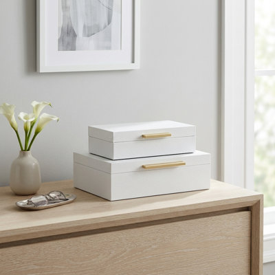 RebekaSet of 2 Rectangular Nesting Decorative Storage Boxes, Modern Embossed Finish - White Faux Snakeskin