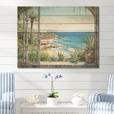 Seaside Tropical View I - Coastal Windows On Wood Print