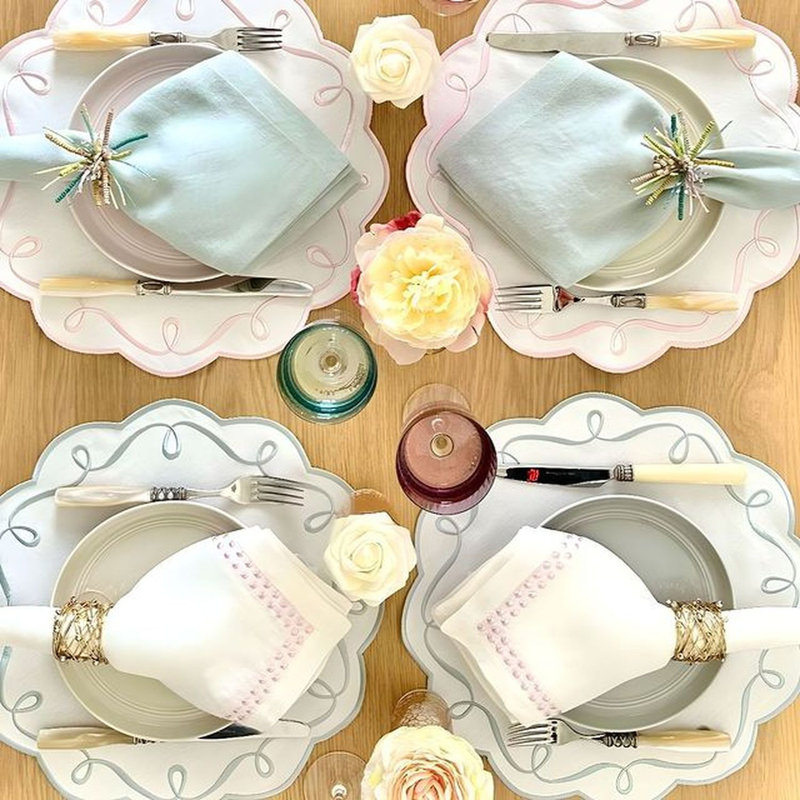 Ribbon Twirl Cotton Blend Scalloped Placemats, Navy