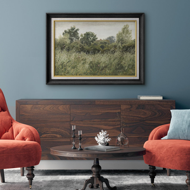 Rustic Countryside Sage Green Forest Tree Flower Field Landscape Nature Wilderness, reproduction d'art sur papier, Cadre noir