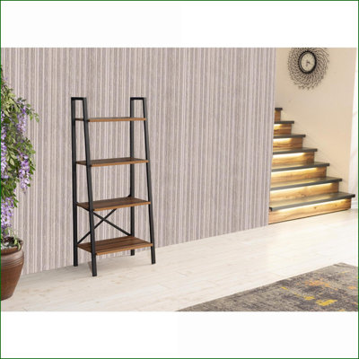 Bibliothèque, structure en métal échelle moderne à 5 niveaux | Noyer brun | Gain de place pour le salon / bureau