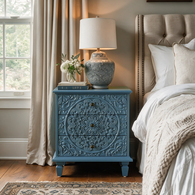 Table de chevet en bois sculpté à 3 tiroirs, commode décorative en relief Scrollwork, Bleu