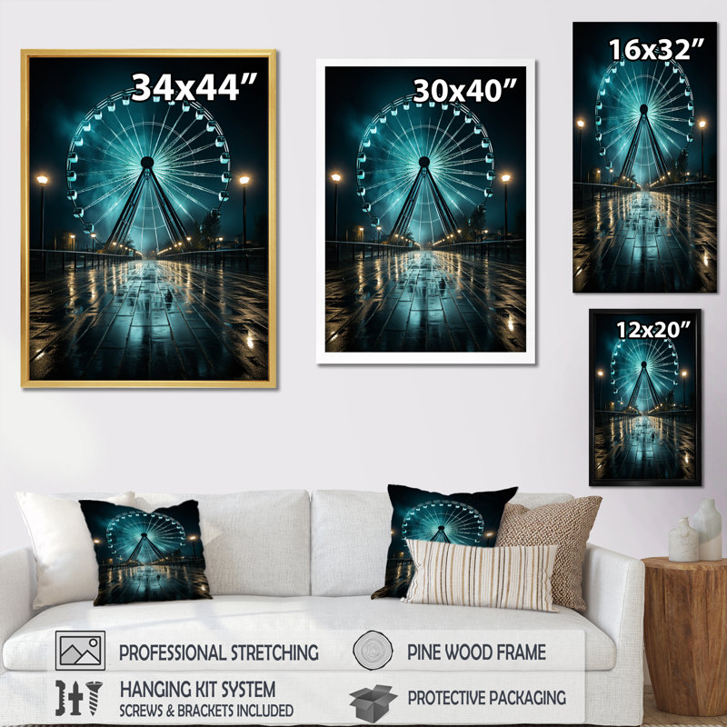 «Teal Ferris Wheel Nighttime Thrills», reproduction sur toile, Encadrement doré, H 20 po x l 12 po x P 1 po