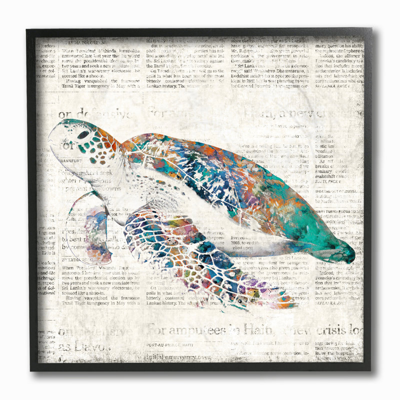 « sea turtle on journal vieilli », impression, H 12 po x l 12 po, Giclée encadrée noir minuit