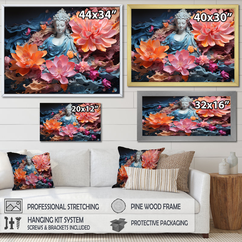 Statue de bouddhisme en fleurs sur toile, H 34 po x l 44 po x P 1,5 po, Cadre doré simple