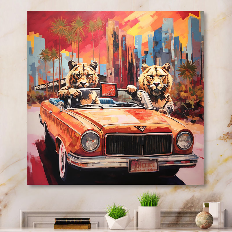 Lions chevauchant un convertible - Art mural en métal animal lion, H 16 po x l 16 po