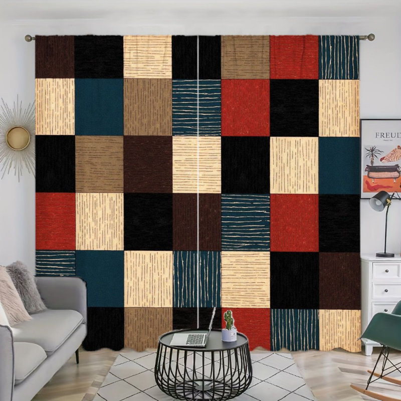 Rideaux à carreaux géométriques 2 pièces, passe-tringle de style patchwork bloquant le soleil, design rustique moderne, décor de fenêtre d'étude de salon toutes saisons