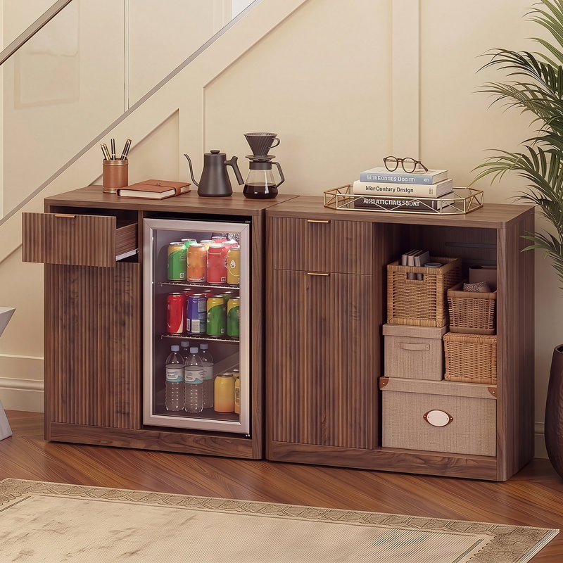 Buffet 39,4 "avec espace pour réfrigérateur, buffet cannelé avec support en verre pour la cuisine du salon, Walnut Brown