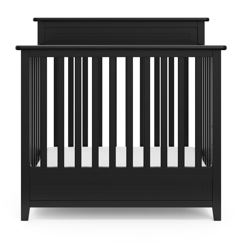 Petal Black Pine Wood 4-in-1 Convertible Mini Crib with Mattress