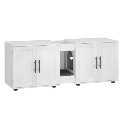 Enclos à litière pour 2 chats, meuble à double compartiment, maison pour chats moderne en bois 3 en 1 avec chatière et griffoir, blanc antique