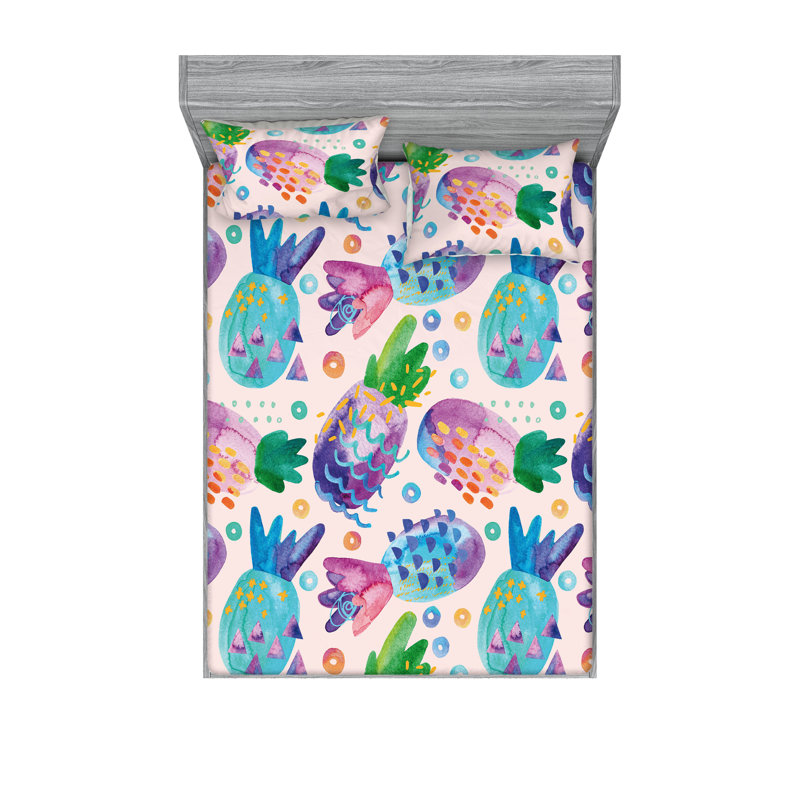 Drap-housse et taies décoratives Ambesonne Summer Memphis Fruit Art Rose pâle indigo foncé