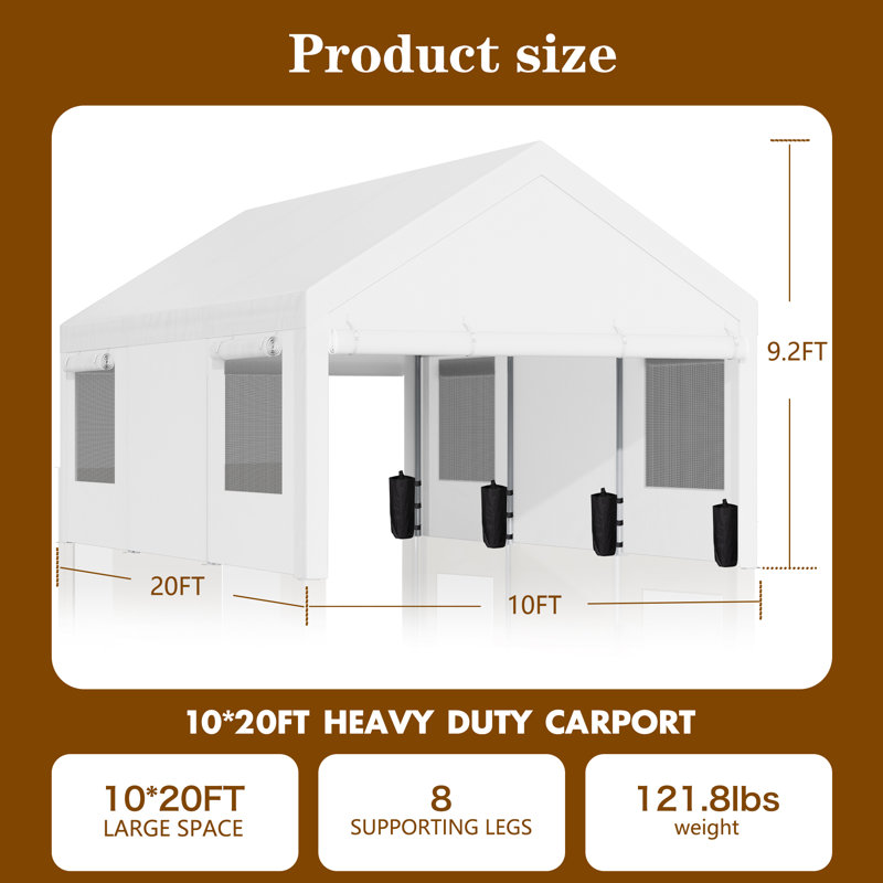 10 Ft. W X 20 Ft. D Heavy Duty Carport Portable Garage, 10x20 FT, White