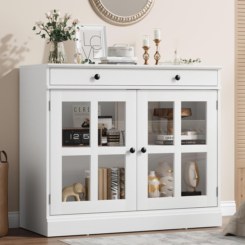 Modern Buffet Sideboard with 2 Glass Doors, Buffet Cabinet with Adjustable Shelf & Large Drawer, White