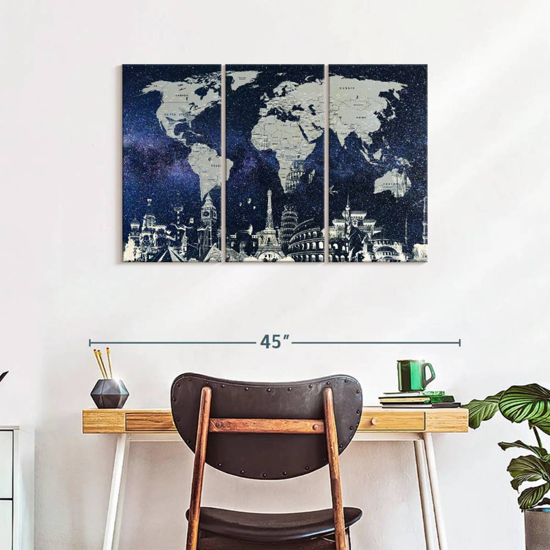 Carte du monde étoilé 3 pièces, H 38 po x l 24 po x P 1,25 po
