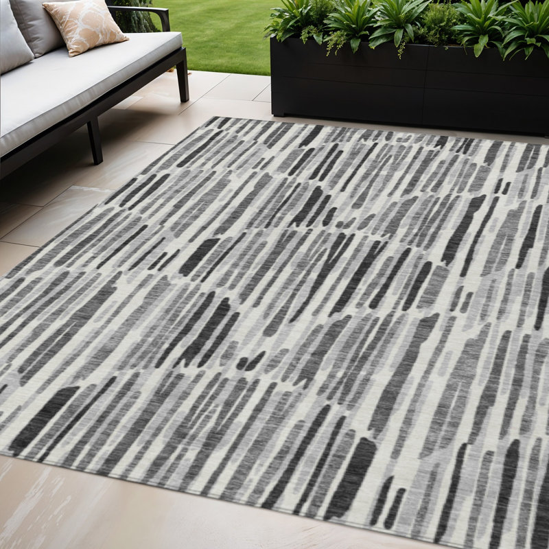 Tapis extérieur lavable abstrait gris ivoire et gris anthracite 5 pi x 8 pi