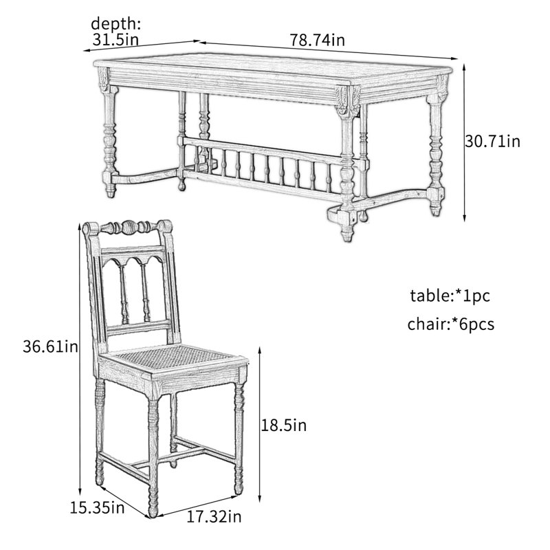 Ensemble de table de salle à manger rétro en bois de frêne massif., H 30,71 po x L 78,74 po x l 31,5 po