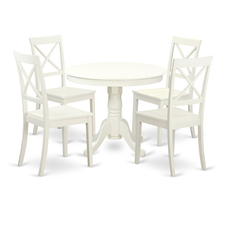 5 Piece Dinette Table Set for 4 Includes a Round Kitchen Table with Pedestal and 4 Dining Chairs, Linen White, Linen White