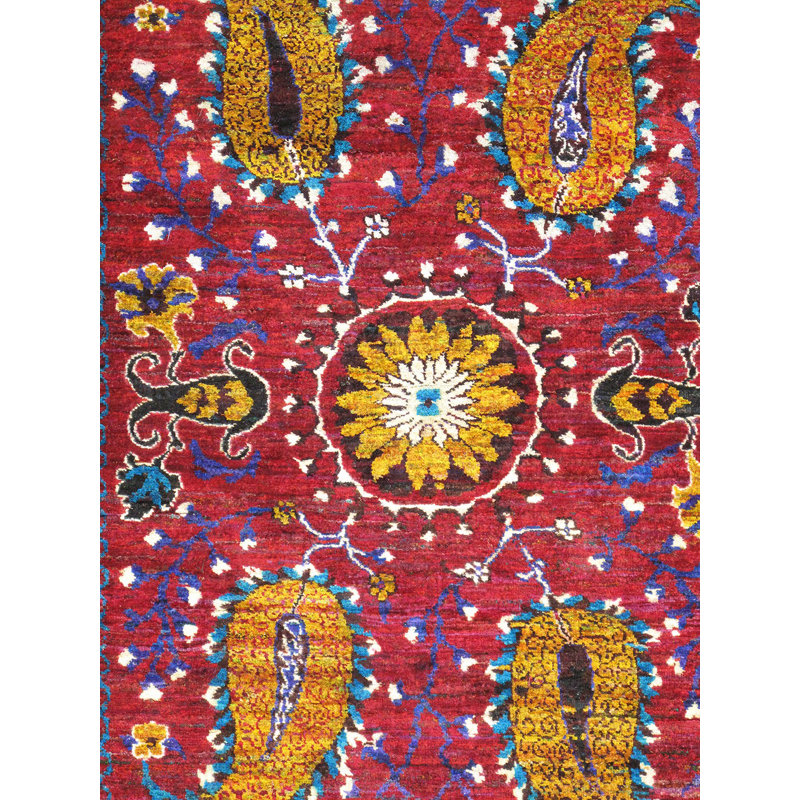 Tapis oriental en soie noué à la main rouge / bleu / orange Melody, Rectangle 5 pi 7 po x 8 pi 1 po