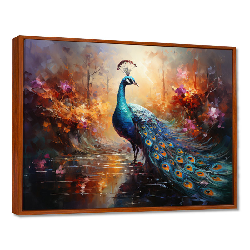 «Peacock Expressionist Portrait II», art mural sur toile paon, H 24 po x l 32 po x P 1 po, Cadre flottant brun