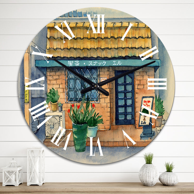 Petit café asiatique sous un toit de tuiles - horloge murale industrielle, Grand